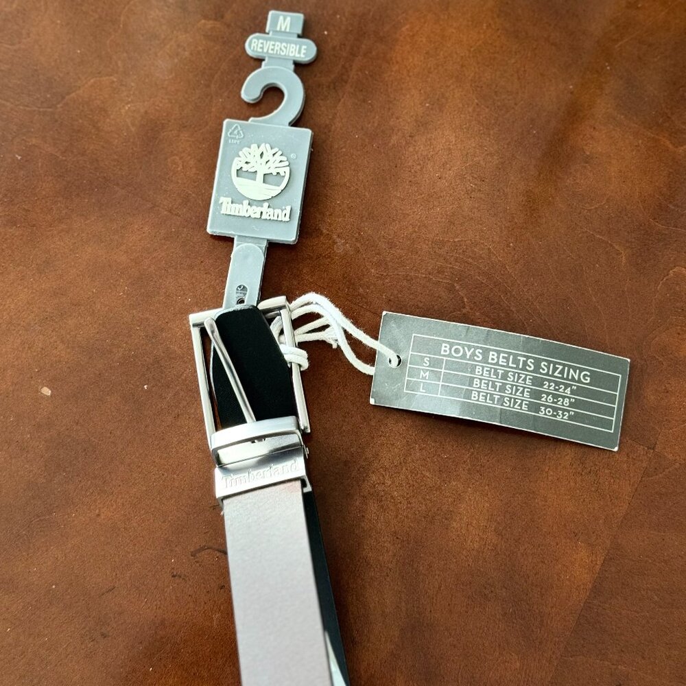 Timberland Boys M Reversible Belt-Black/Brown Leather w Silver-Tone Buckle NWT's